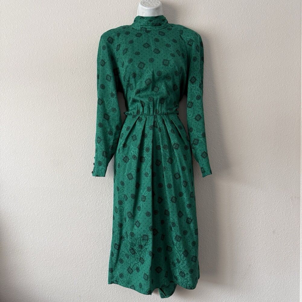 Vtg Jos A Bank Clothiers Dress Sz 10 Green Geometric Mock Neck 80s Secretary